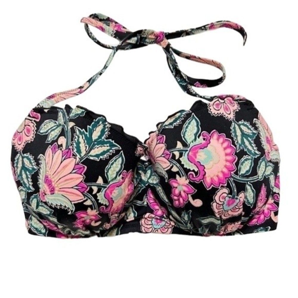 SHADE & SHORE RUFFLE TRIM HALTER LINED BIKINI TOP 34D